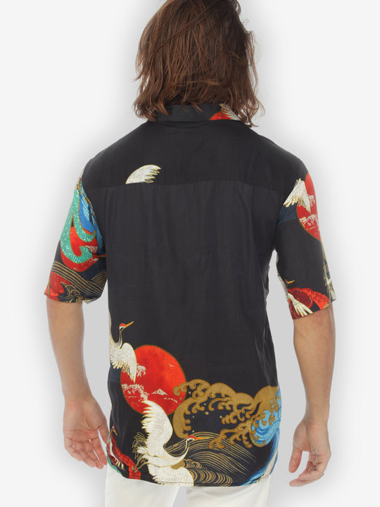 Sun Wave Crane Men’s Silk Blend Shirt