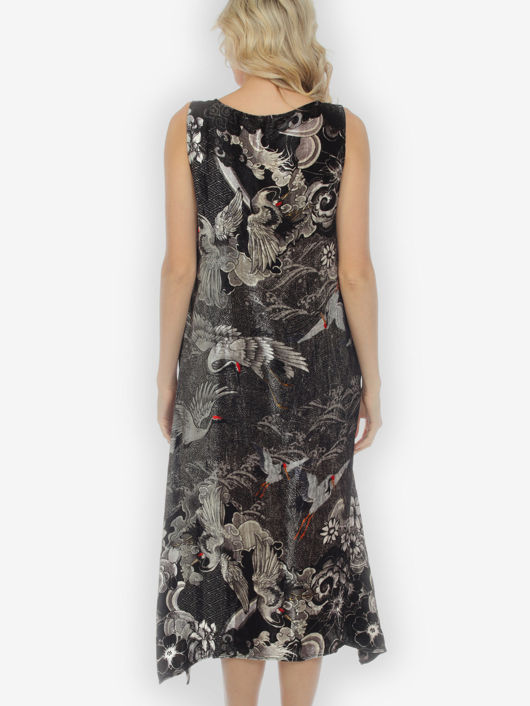Black White Crane Velvet Dress