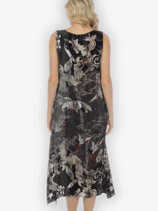 Black White Crane Velvet Dress