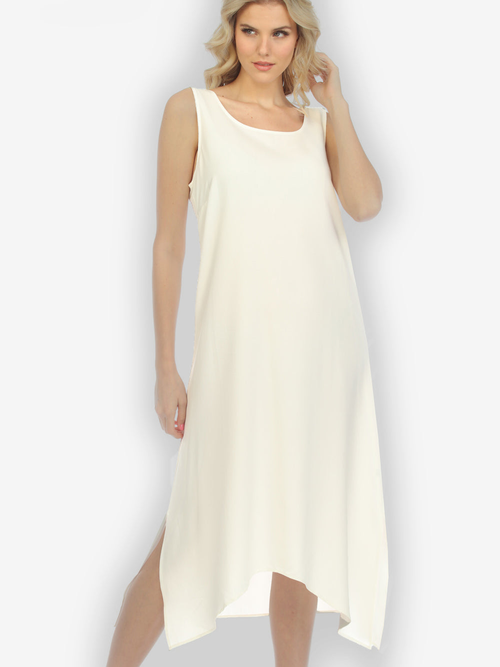 Solid Cream Silk Blend Tank Dress