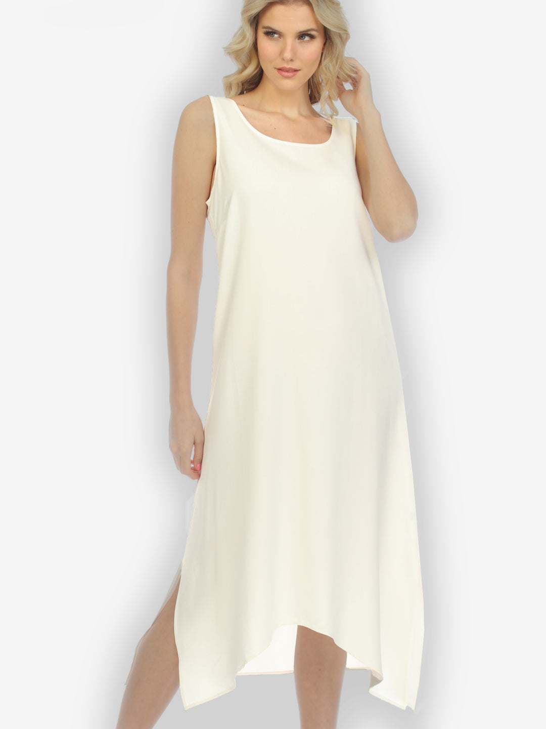 Solid Cream Silk Blend Tank Dress
