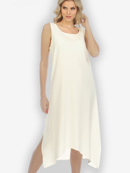 Solid Cream Silk Blend Tank Dress