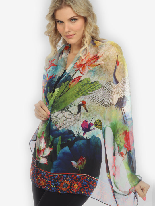 White Crane Fall Silk Scarf