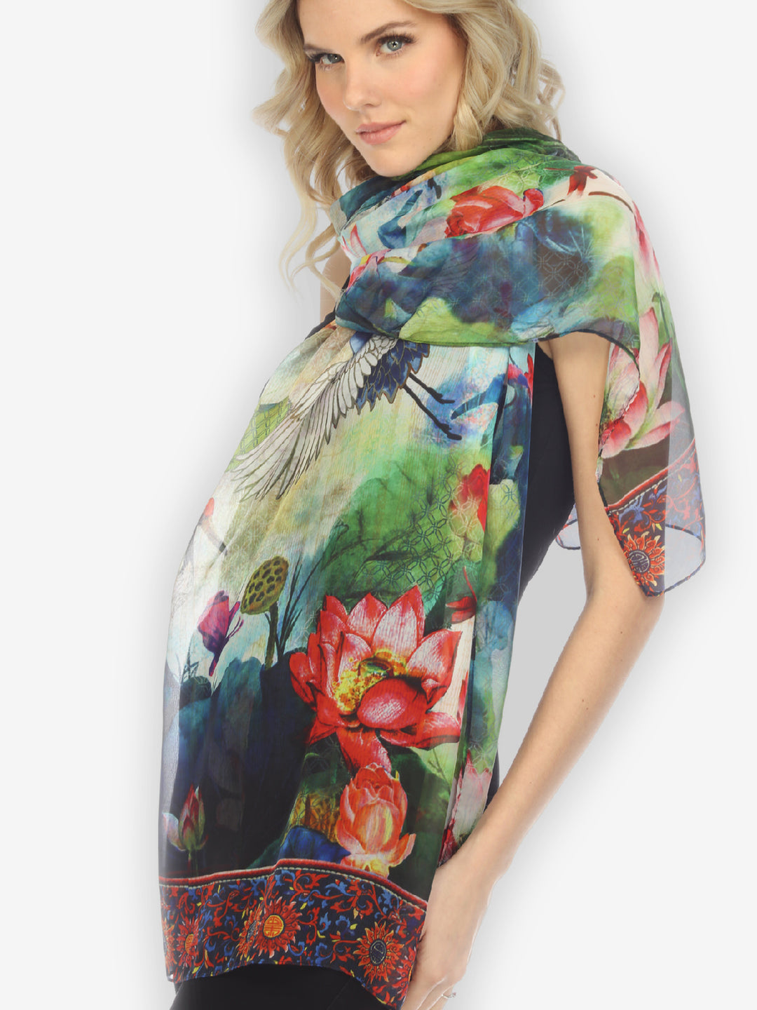 White Crane Fall Silk Scarf