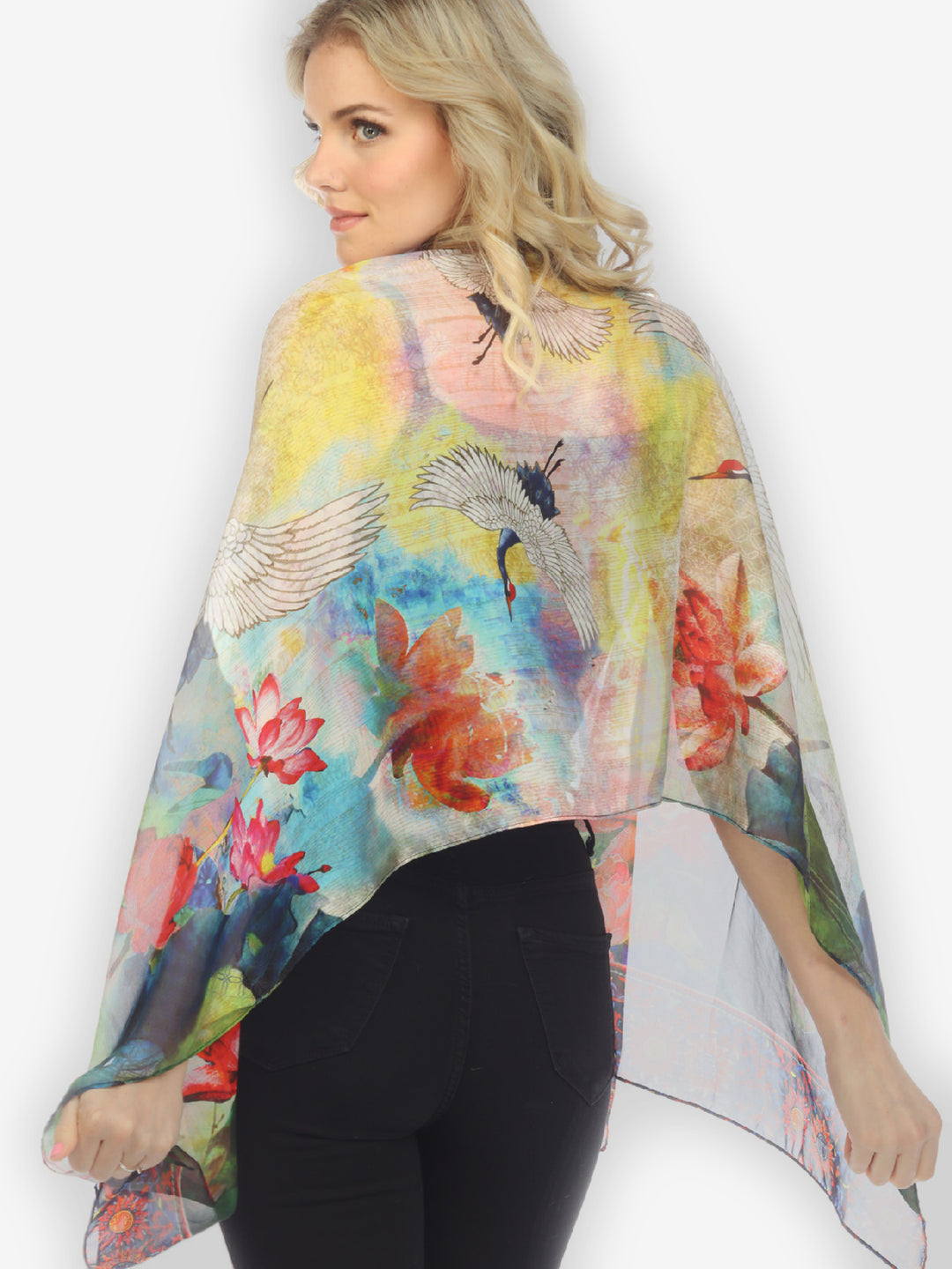 White Crane Fall Silk Scarf